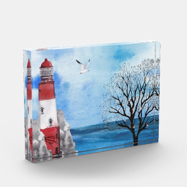 Bloc Photo Couleur d'eau marine du phare rouge et blanc (Gauche)