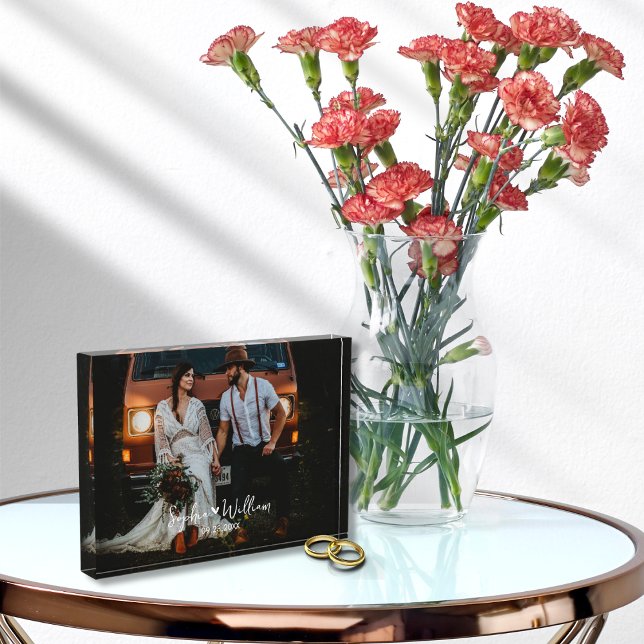 Bloc Photo Couples Nom photo Mariage Anniversaire Date Coeur (Rustic Elegant Wedding Photo Keepsake With Couple's Name Anniversary Wedding Date Photo block )