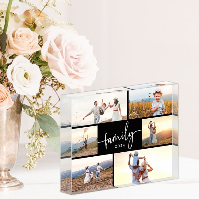 Bloc photo de la famille noire et blanche (Black and White Elegant Calligraphy Script Family Photo Collage Photo Block by Simply Said)