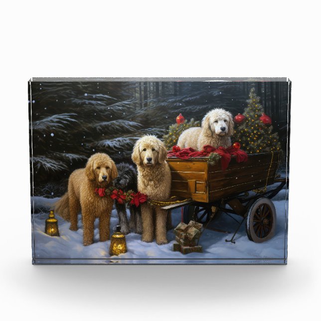 Bloc Photo Décor de Noël Goldendoodle Snowy Sleigh (Devant)