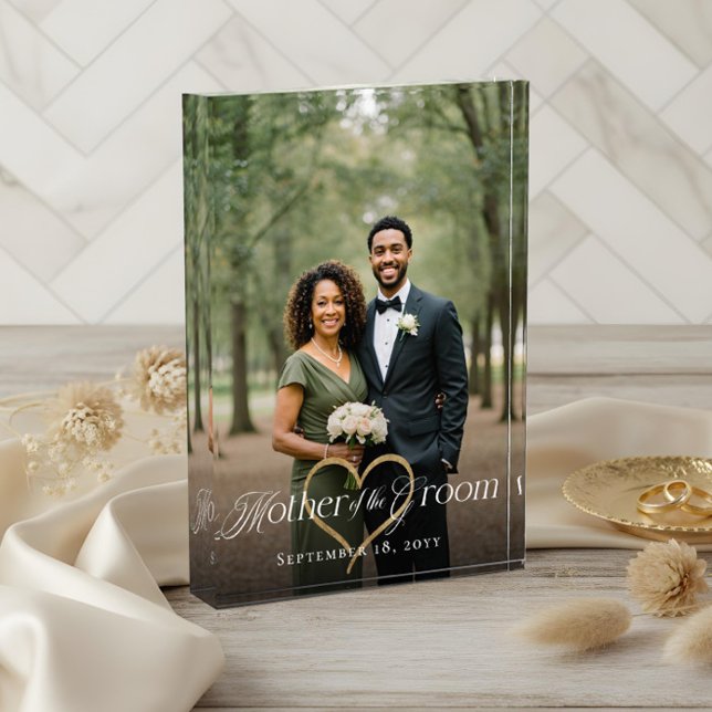 Bloc Photo Elégant coeur d'or Mère de Groom Keepsar (Elegant Gold Heart Mother of the Groom Keepsake Photo Block)
