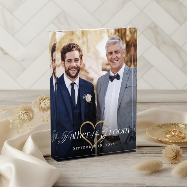 Bloc Photo Elégant coeur d'or Père de la garde de chambre (Elegant Gold Heart Father of the Groom Keepsake Photo Block)