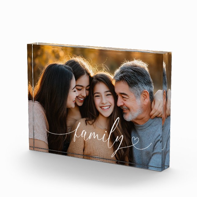 Bloc Photo Family Script Heart Photo Acrylic Block (Droite)