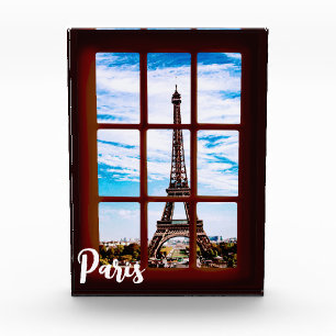 Bloc Photo Fenêtre en bois avec vue sur la Tour Eiffel, Paris