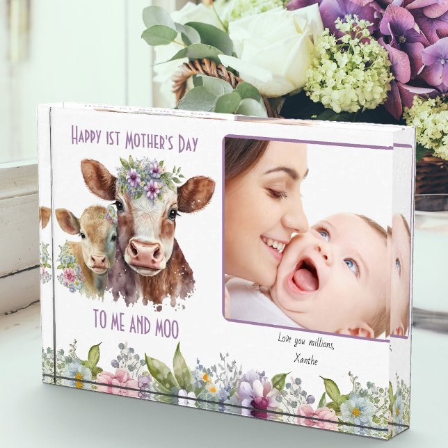 Bloc Photo Fête des mères maman et bébé vache Me et Moo (Mother's Day photo block with cute mommy and baby cow and fun pun to Me and Moo)