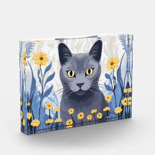 Bloc Photo Fleurs Jaunes Chat Bleu Russe