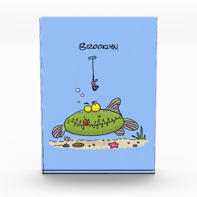 Bloc Photo Funny fat hungry green fish fishing cartoon (Devant)