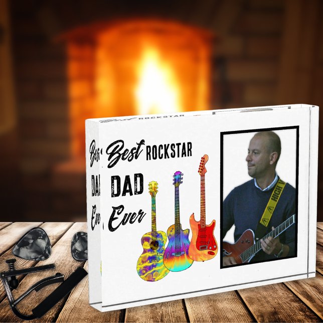 Bloc Photo Guitare du jour du père Papa Photo personnalisée (Best rockstar dad ever photo template and funky psychedelic guitars music themed Block )