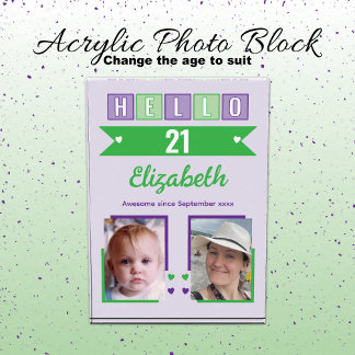 Bloc Photo Hello 21 (any age) name est date green purple
