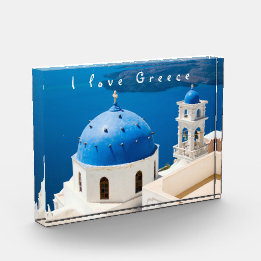 Bloc Photo I love Greece Church Santorini bleu photo et texte