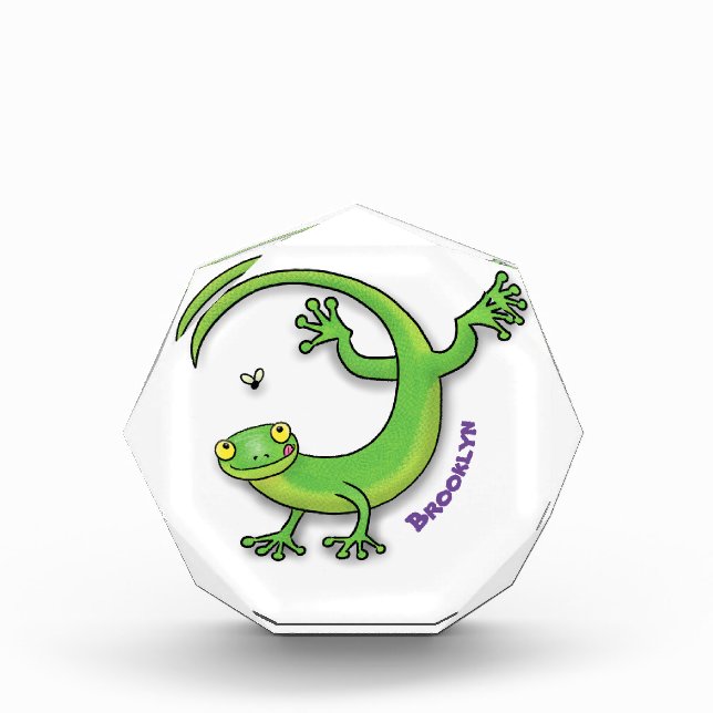 Bloc Photo Joli gecko vert salutations avec dessin animé (Devant)