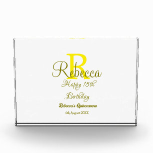 Bloc Photo Joyeux 15e anniversaire jaune ajouter nom monogram