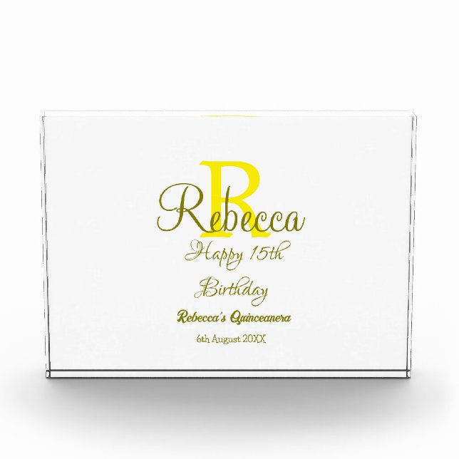 Bloc Photo Joyeux 15e anniversaire jaune ajouter nom monogram (Devant)