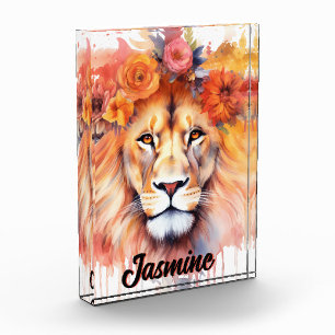 Bloc Photo Lion Pastel Fleurs Safari Aquarelle Savannah Chat