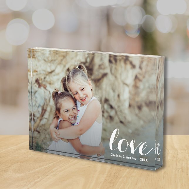 Bloc Photo LOVE Script (Pesonalized acrylic photo block is 5" x 7" and 1" thick, stands without support on flat surface.)