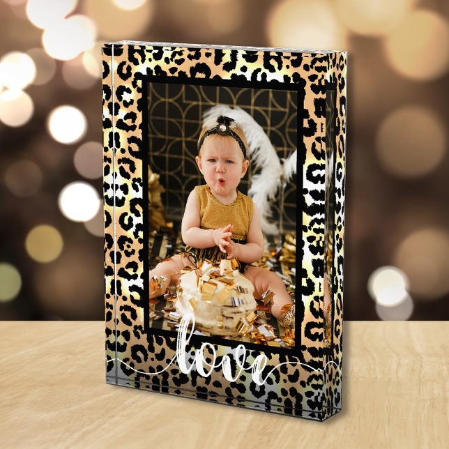 Bloc Photo LOVE Script Overlay Leopard (Pesonalized acrylic photo block is 5" x 7" and 1" thick, stands without support on flat surface.)