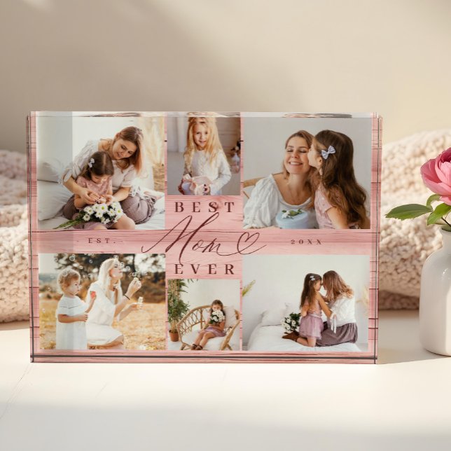 Bloc Photo Meilleure Maman Jamais Pink Woodgrain Collage Keep (Best Mom Ever Pink Woodgrain Collage Keepsake Photo Block)