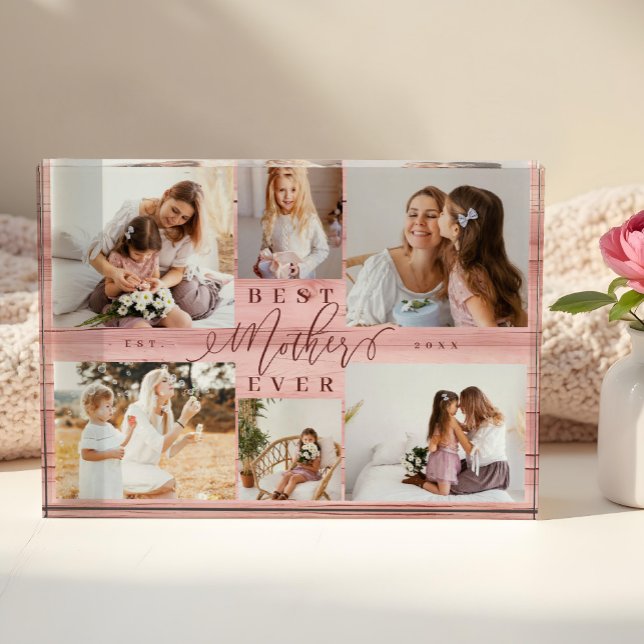 Bloc Photo Meilleure Mère jamais rose Woodgrain Collectionner (Best Mother Ever Pink Woodgrain Collage Keepsake Photo Block)