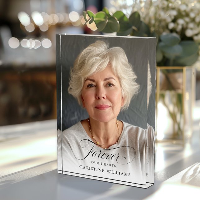 Bloc Photo Mémorial, nom, photo "Forever in our Hearts" ("Forever in our Hearts"  In loving, memory, Photo Block. Modern, elegant, script font, photo block.)