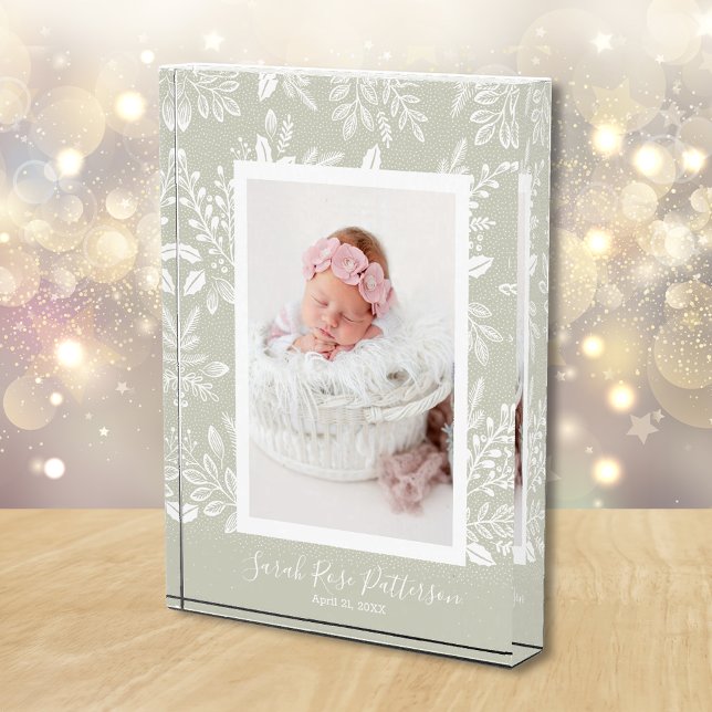 Bloc Photo Nom classique personnalisé (White leaves and dots on sage green surround your favorite photo on an acrylic block)