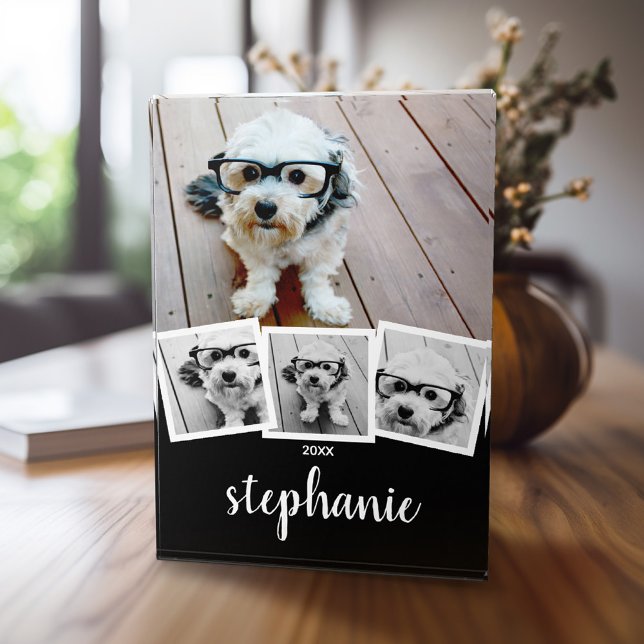 Bloc Photo Nom de script de collage 4 photos tendance Blanc N (4 Photo Collage personalized home plaque)