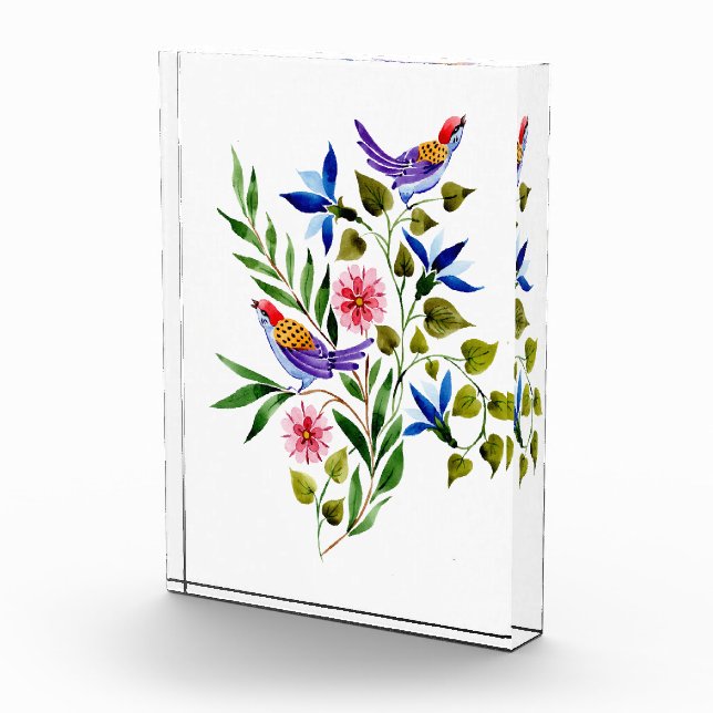 Bloc Photo Oiseaux Fleurs roses et bleues Aquarelle (Droite)