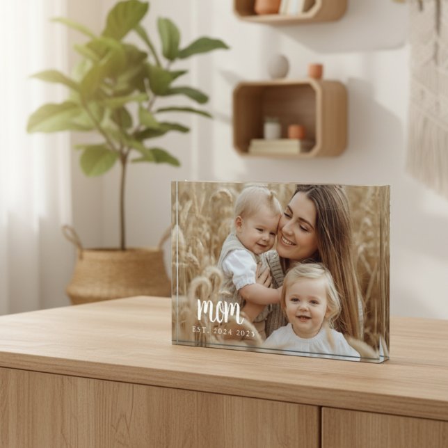 Bloc Photo Photo de script moderne personnalisée par Maman (minimal white script photo gift for new mom established date acrylic block for baby nursery mothers)