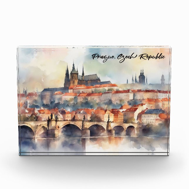 Bloc Photo Prague Czech Republic Watercolor Panorama View (Devant)