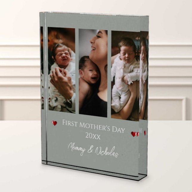 Bloc Photo Première fête des mères Trois photos Collage Sage  (Sage Green First Mother's Day Three Photo Collage Photo Block)