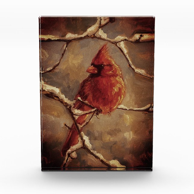 Bloc Photo Red Cardinal Bird Oil Painting – Winter Branch (Devant)