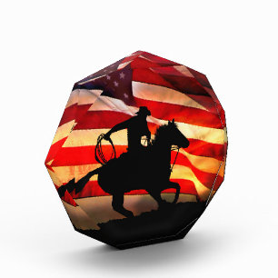 Bloc Photo Roping Cowboy Avec Drapeau Américain Pays Ouest