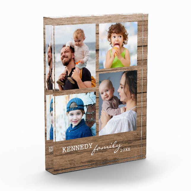 Bloc Photo Rustic Wood Family Name 4 Photo Collage Block (Gauche)