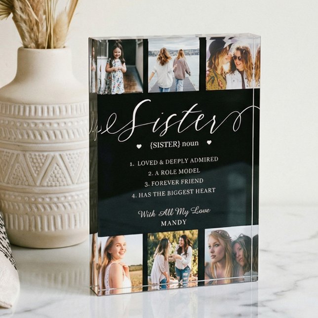 Bloc Photo Sister Dictionary Définition Photo Collage Noir (Gift for Sister Definition Collage Memory Keepsake Photo Block)