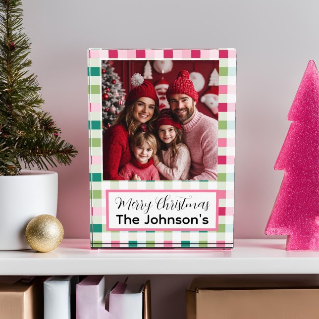Bloc Photo Tableau de Noël rose (Pink Checkered Holiday Acrylic Photo Frame)