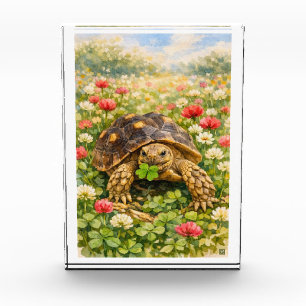Bloc Photo Tortue Sulcata à l'aquarelle avec trèfle porte-bon