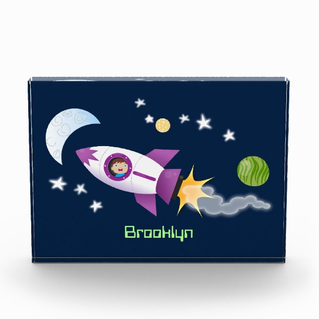 Bloc Photo Un adorable vaisseau-fusée dans l'espace dessin an (Devant)