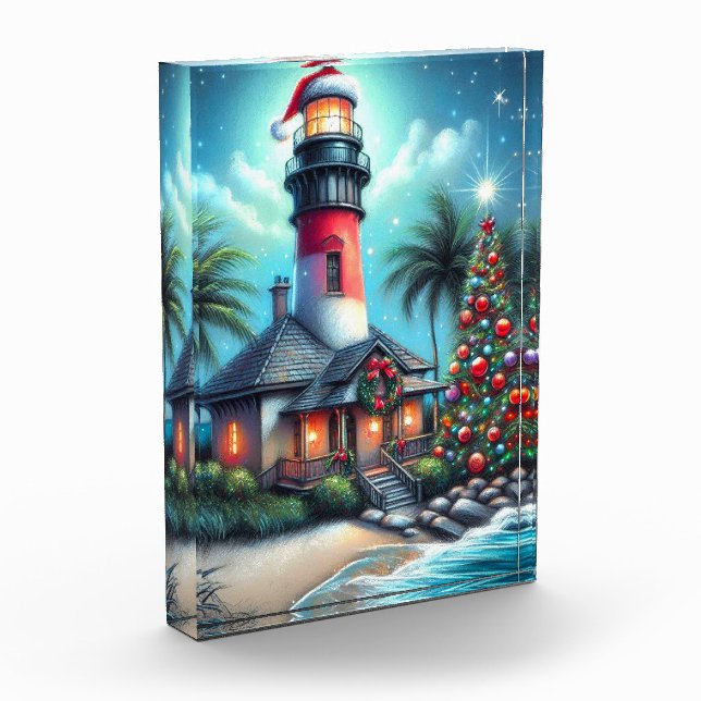 Bloc Photo Whimsical Tropical Christmas Lighthouse Turquoise  (Gauche)