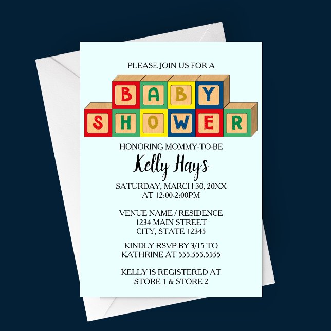 Blocs bébé Baby shower Invitation (Baby Blocks Baby Shower Invitation with light blue background and multi colored baby blocks)