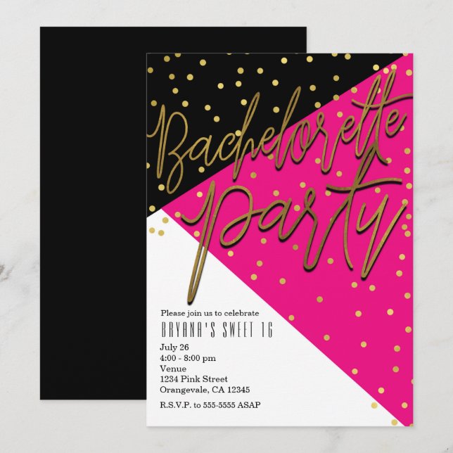 Blocs couleur rose noir Invitations Bachelorette (Devant / Derrière)