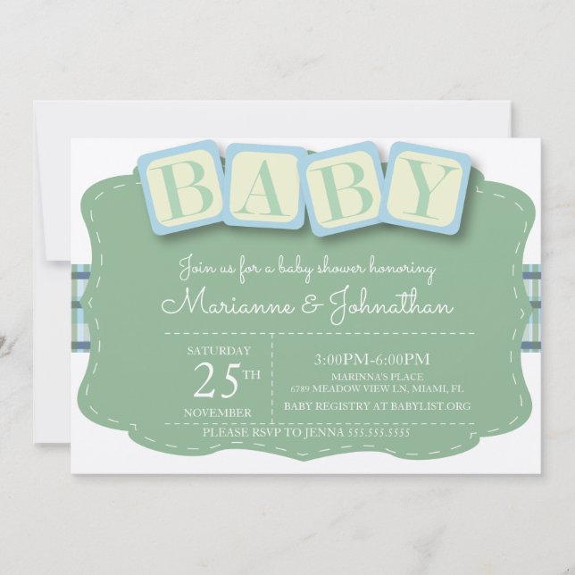 Blocs de Baby Shower Garçon Invitation à Carreaux (Devant)