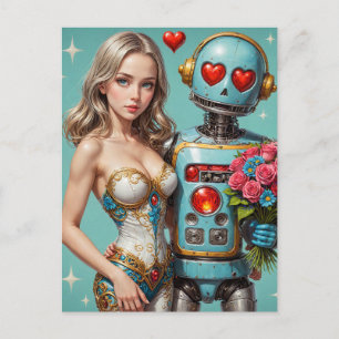Blond Woman et un robot trouvé carte postale Amour