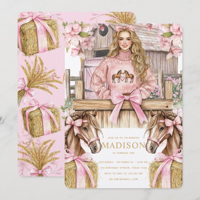 Blonde Girl Horse Birthday Invitation (Devant / Derrière)