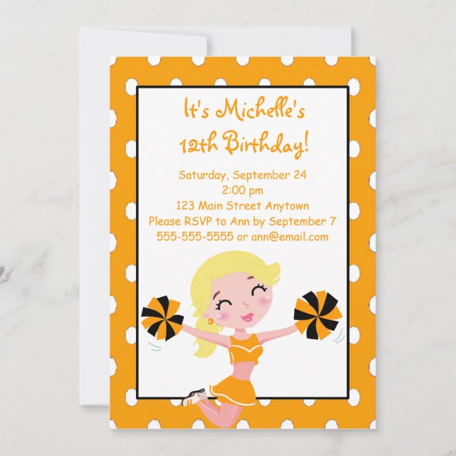 Blonde Girl Orange Black Pom-pom girl Invitations (Devant)