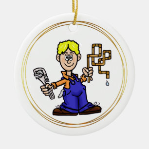 Blonde Male Plumber avec tuyaux en cuivre Ornement