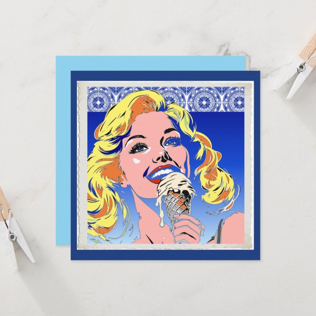 Blonde mangeant une glace dans le style Pop Art co (Devant/Arrière en situation)
