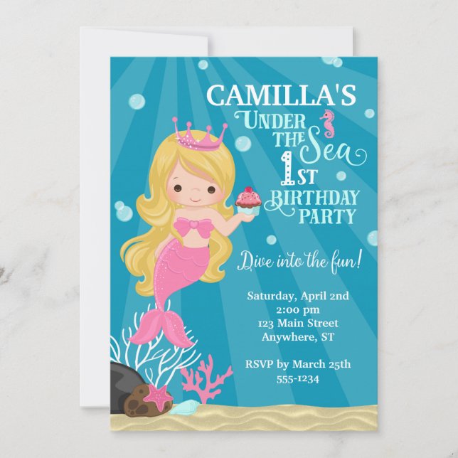 Blonde Mermaid 1ER Invitation anniversaire (Devant)