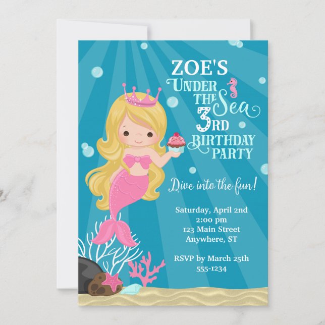Blonde Mermaid 3e Invitation d'anniversaire (Devant)