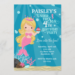 Blonde Mermaid 4E Invitation d'anniversaire