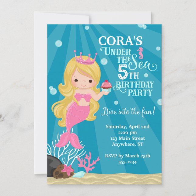 Blonde Mermaid 5E Invitation d'anniversaire (Devant)
