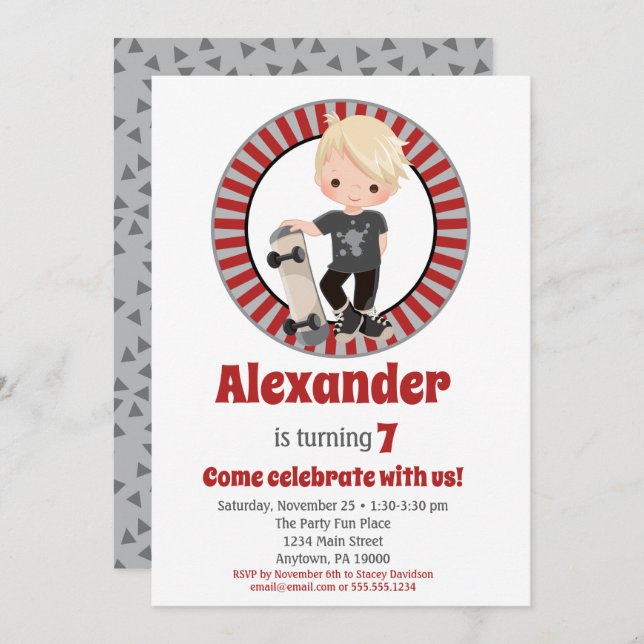 Blonde Skateboard Boys Anniversaire Invitation (Devant / Derrière)